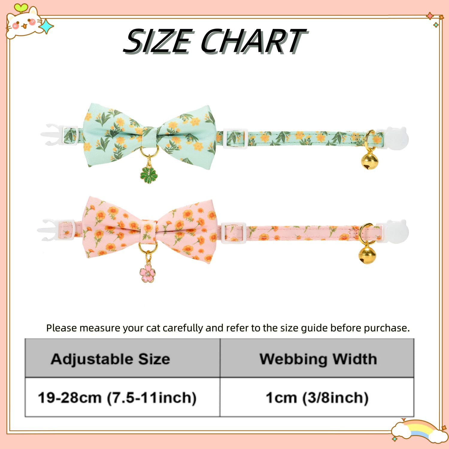Ewinoom 2 Pack Floral Cat Collars with Bow Tie and Bell Adjustable Breakaway Bowtie Cute Kitten Collar(Green & Yellow Flowers)