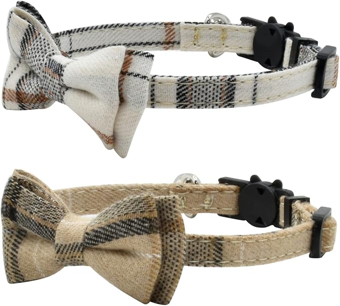 Cat Collar Breakaway with Bell and Bow Tie, Plaid Design Adjustable Safety Kitty Kitten Collars(6.8-10.8in) (Green Plaid)
