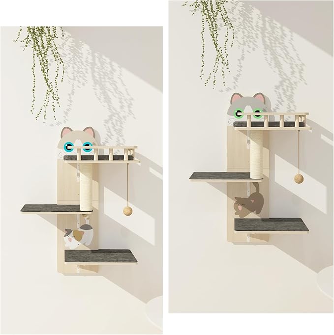 HHOFURN Cat Wall Shelves, 3 Platform Kitten Wall Furniture, DIY for Painting Cats Scratching Post with Sisal Scratching Post and Ball Toy