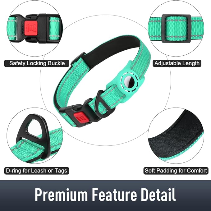 Erbine AirTag Dog Collar with AirTag Holder Compatible for Air Tag, Reflective Soft Padded, Safety Locking Buckle, Adjustable Nylon for Small Medium Large Dogs (Teal,XS)
