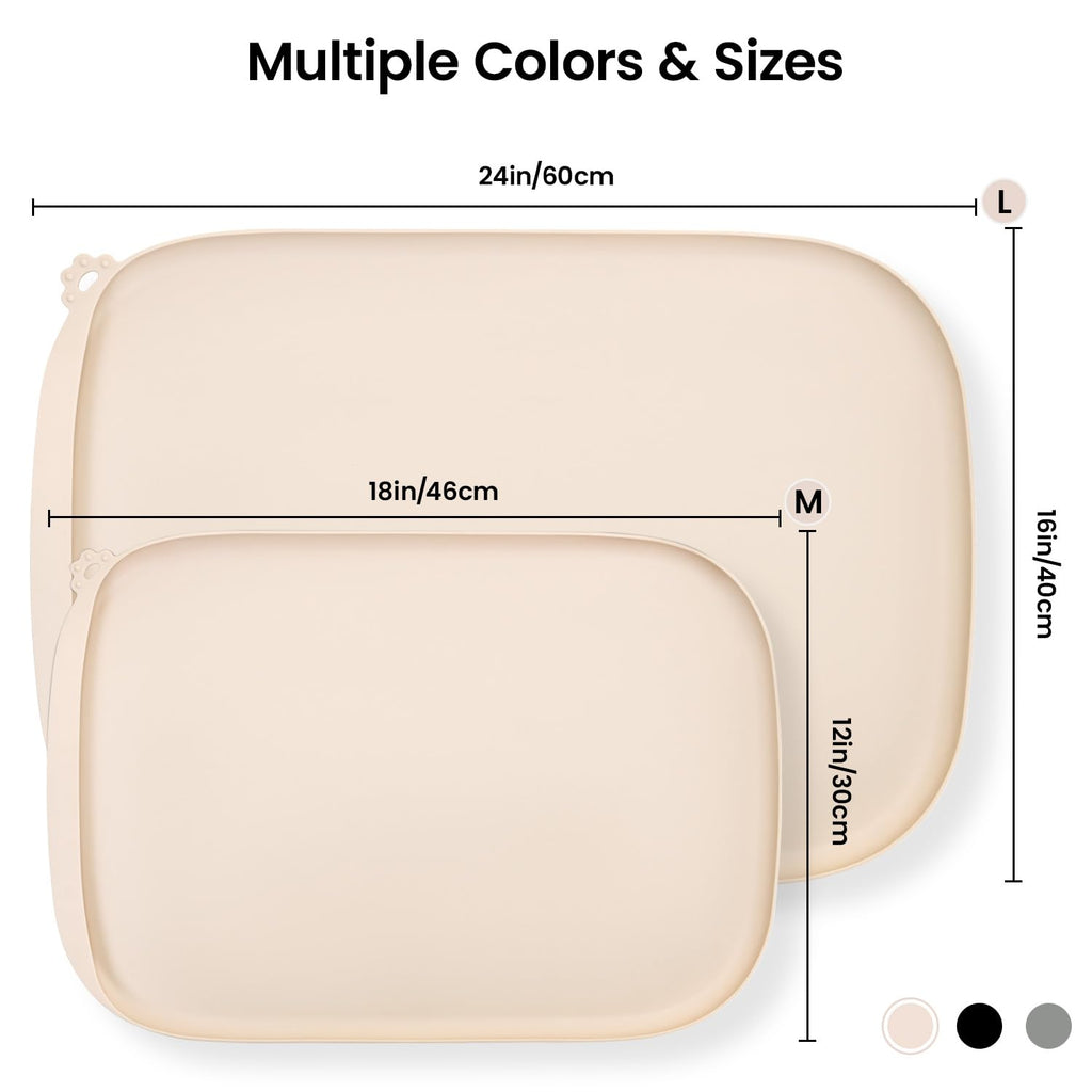 Silicone Dog Food Mat with Side Pocket & Hook Hole, Soft Raised Edges, Easy Clean Waterproof Non-Slip Pet Feeding Mat for Cats and Dogs Water Bowl, Pets Accessories(24"x16",Natural Tan)