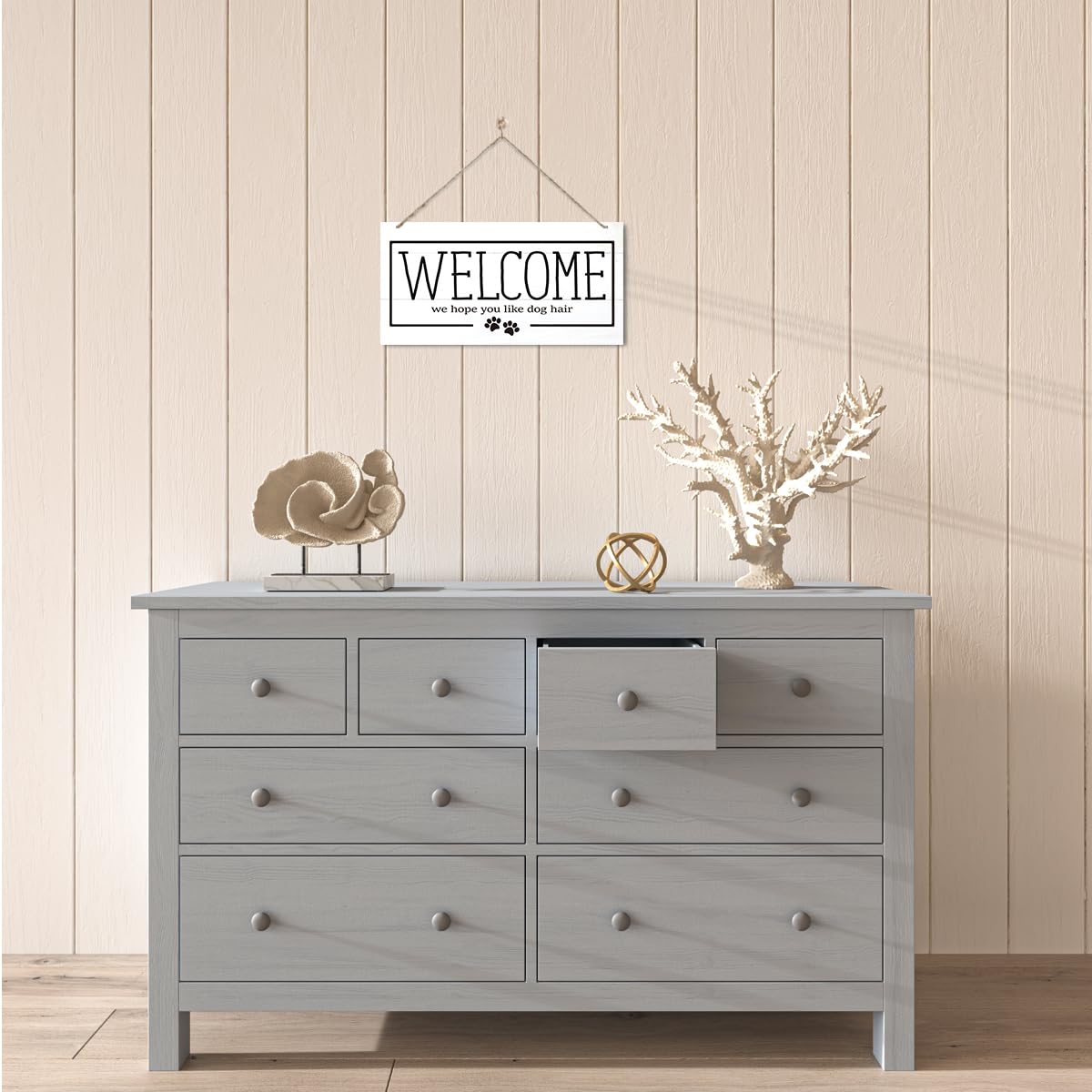 Welcome Sign for Front Door, Welcome Decor Wooden Hanging Sign for Dog Lover, We Hope You Like Dogs Hair, Rustic Funny Wooden Outdoor Front Door Hanging Decoration 13.8X6.9 inches