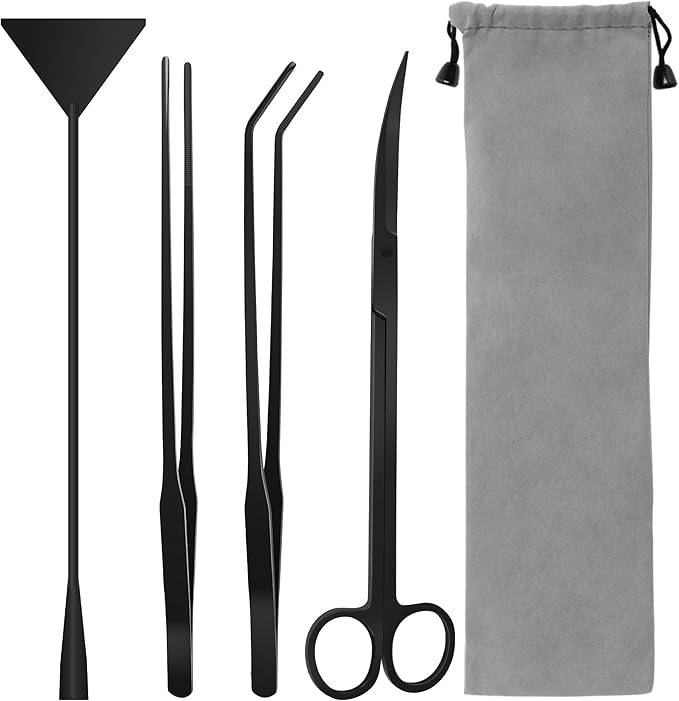 Liveek Aquarium Aquascape Tools Kit, 4 in 1 Anti-Rust Aquatic Plant Aquascaping Tool Stainless Steel Black Tweezers Scissors Spatula for Aquarium Tank Clean Fish Tank Aquascape Accessories Set