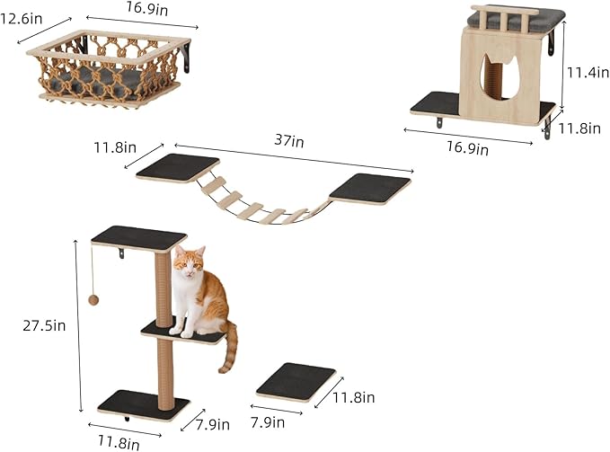 HHOFURN 5-in-1 Cat Wall Shelves Set with Hammock, Wall-Mounted Cat Furniture Includes Condo, Bridge, Ladder & Steps for Indoor Cats, Safe & Stable (Gray)