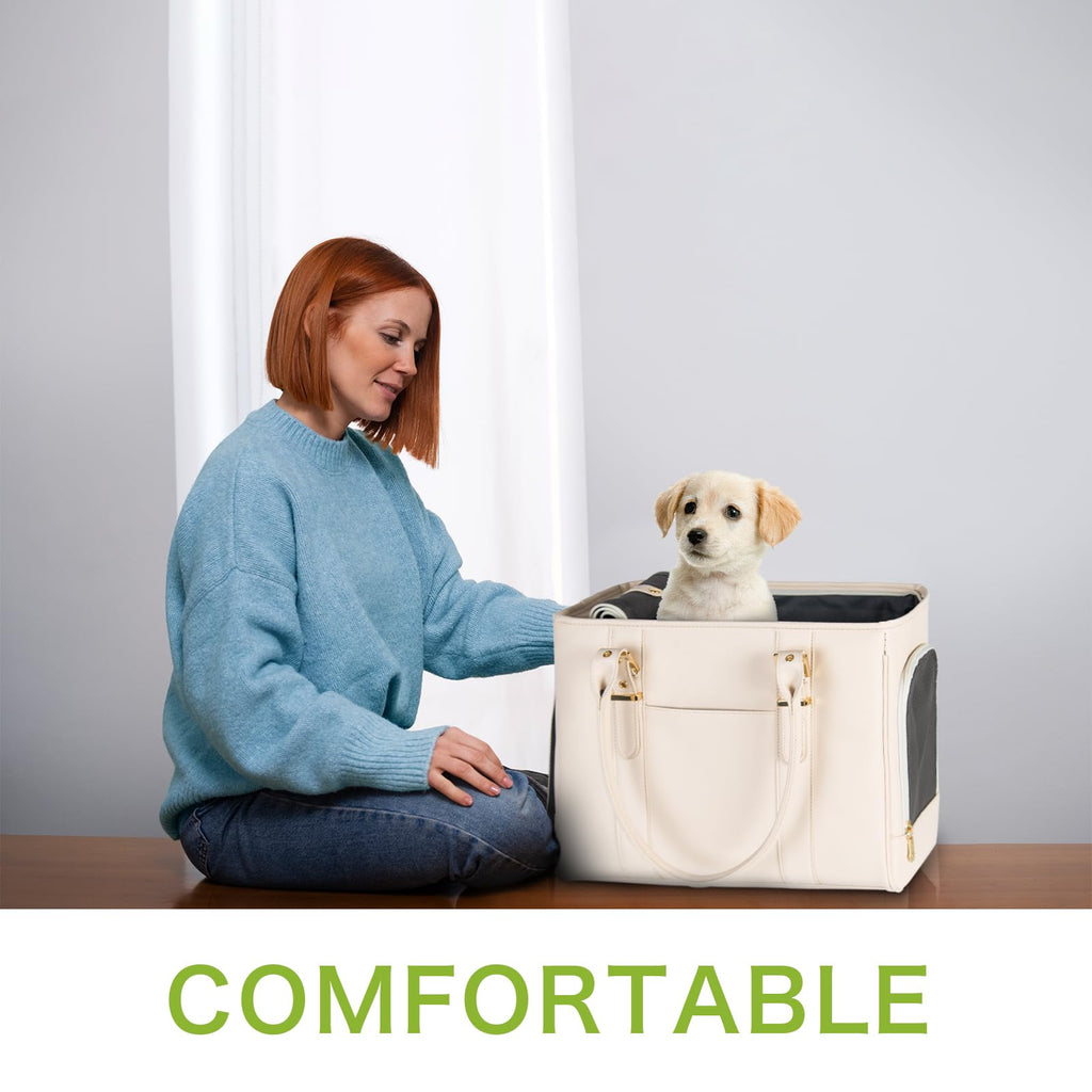Fashion Pet Carrier Dog Purse Cat Bag Soft-Sided Carriers Travel Airline Approved, Stylish Leather Tote Handbag for Small Animal Puppy Kitten (White)