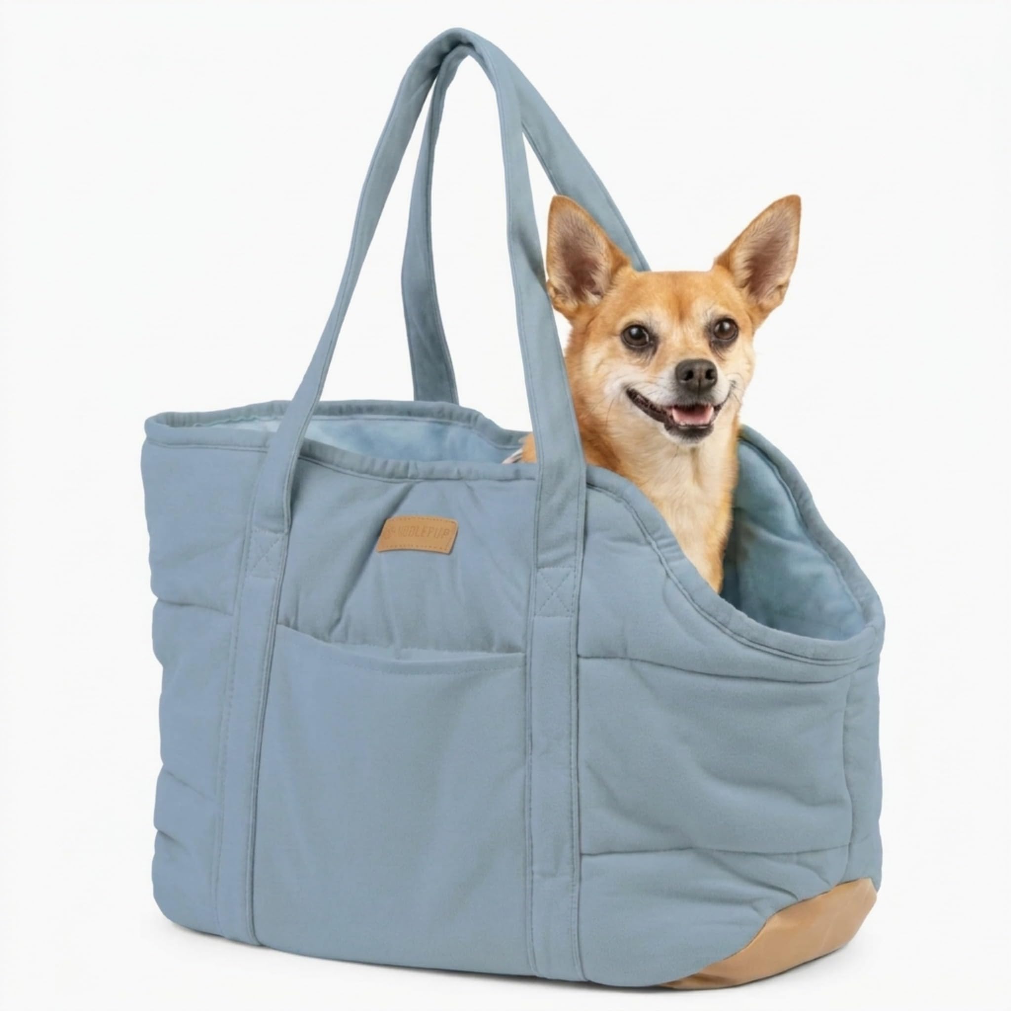 NoblePup Plush Dog Purse Carrier for Small Dogs, Soft Dog Tote Bag with Safety Harness Clip, Cozy Pet Carrier for Dogs Under 15 lbs, Comfortable Dog Shoulder Carrier for Travel, Light Blue