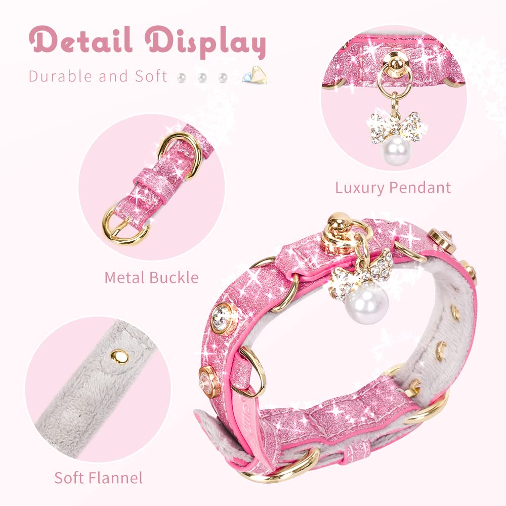 PetsHome Cat Collar, Dog Collar, [Bling Rhinestones] PU Leather Adjustable Pet Collar with Luxury Pendant for Cat and Small Dog Extra Small Pink
