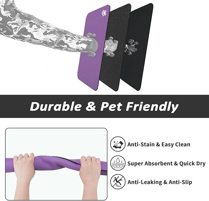 HotLive Dog Food Mat - Absorbent Cat Mat for Food and Water, No Stains Pet Feeding Bowl Mat, Easy to Clean Pet Placemats, Quick Dry Dog Water Dispenser Mat for Messy Drinkers | Paw Purple 12"x 19"
