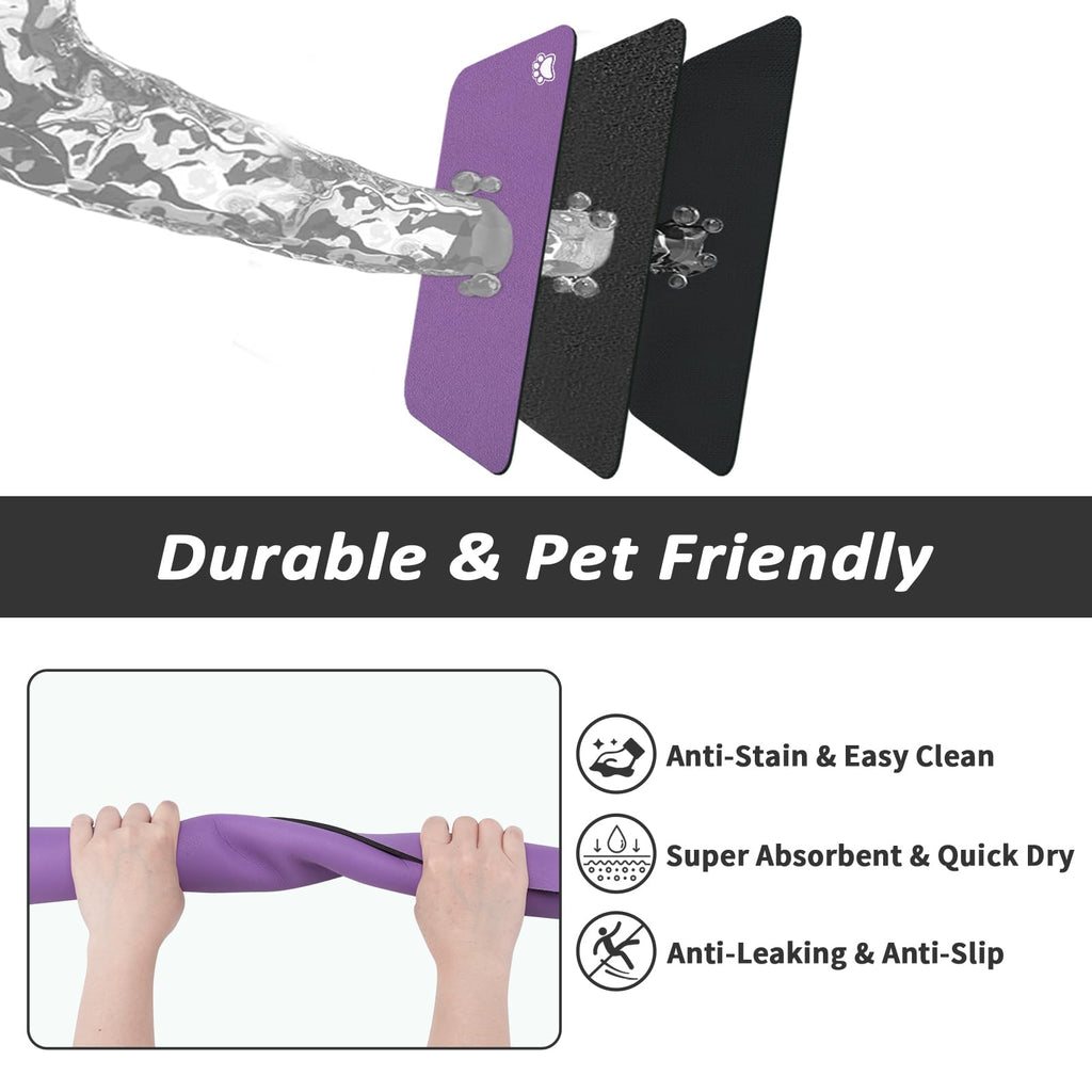 HotLive Dog Food Mat - Absorbent Cat Mat for Food and Water, No Stains Pet Feeding Bowl Mat, Easy to Clean Pet Placemats, Quick Dry Dog Water Dispenser Mat for Messy Drinkers | Paw Purple 12"x 19"