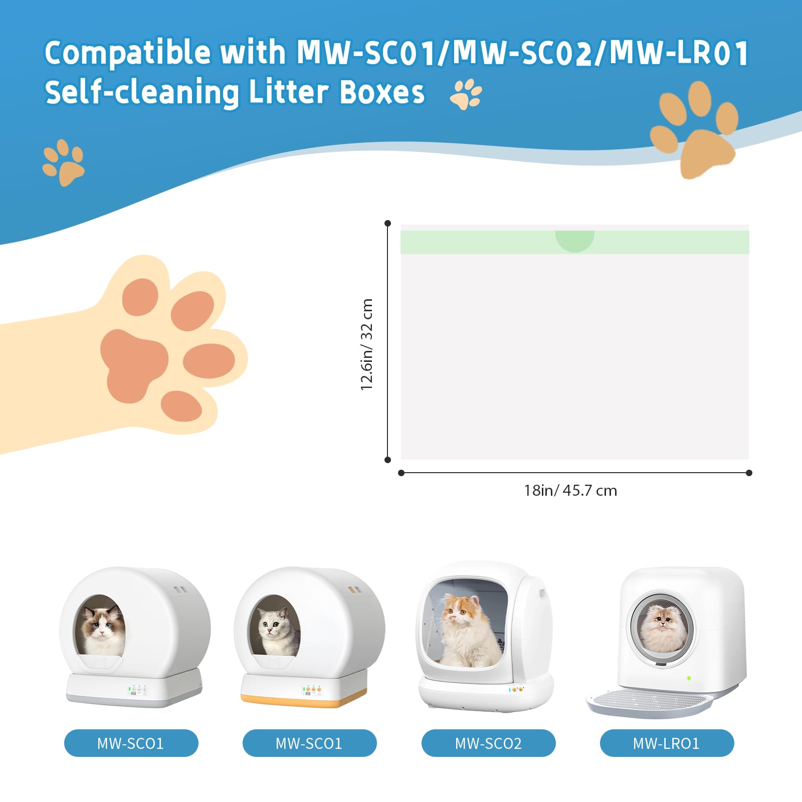 20 Count Cat Litter Box Liners Bag Compatible with Meo Want Self-cleaning Cat Litter Box MW-SC01 MW-SC02 MW-LR01, Leak-Proof Drawstring Bags - Heavy Duty Replacement Liners 18" x 12.6"