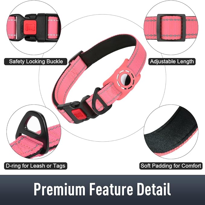 Erbine AirTag Dog Collar with AirTag Holder Compatible for Air Tag, Reflective Soft Padded, Safety Locking Buckle, Adjustable Nylon for Small Medium Large Dogs (Pink,XS)