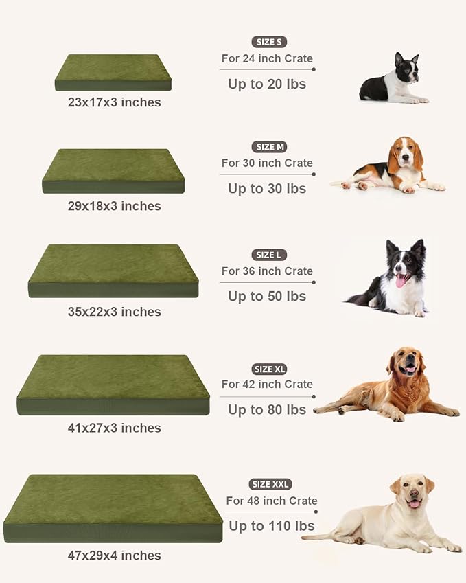 KSIIA Orthopedic Dog Bed Crate Waterproof Pet Mats for Small Dogs Deluxe Plush Washable Pet Bed with Egg Crate Foam & Removable Cover, 23 x 17 Inch, Green