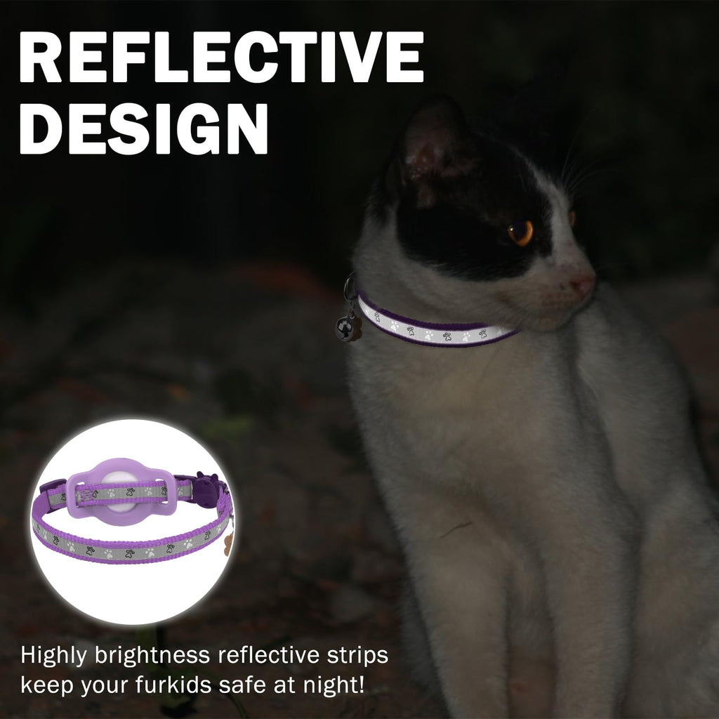 DILLYBUD Airtag Cat Collar Breakaway, Reflective Kitten Collar with Bell and Apple Air Tag Holder, GPS Cute Cat Collar, Glow in The Dark Pet Collars for Boy Girl Cats, Kittens, Puppies, Purple