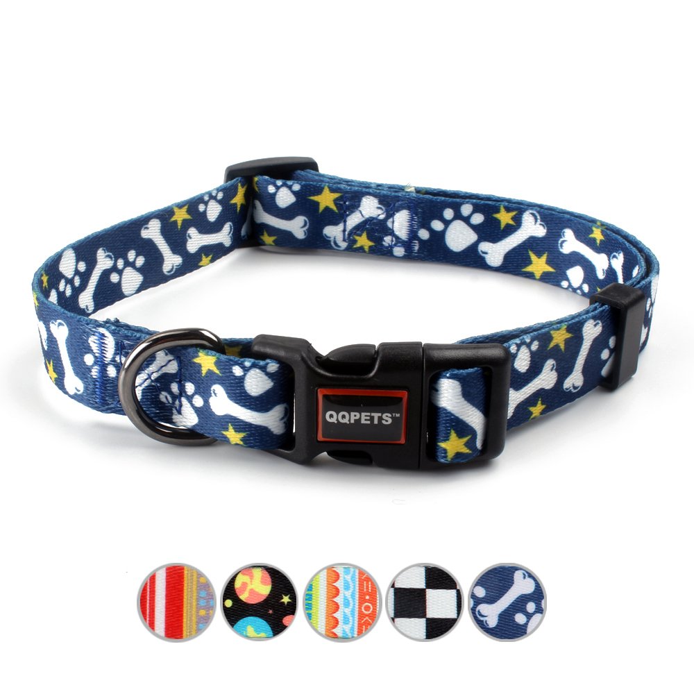 QQPETS Adjustable Soft Dog Collar: Print Flower Pink Multicolor Cute Patterns for XS Small Medium Large Pet Girl Boy Puppy Walking Running Training (L, Bone)
