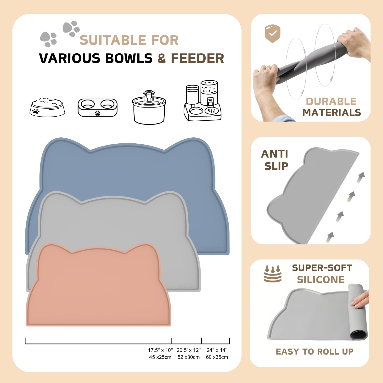 Cat Food Mat, Silicone Non Slip Dog Bowl Mat Waterproof Cat Feeding Mat Stop Food Spills and Water Messes Out to Floor Pet Food Mat (Dark Gray, 17" x 10")