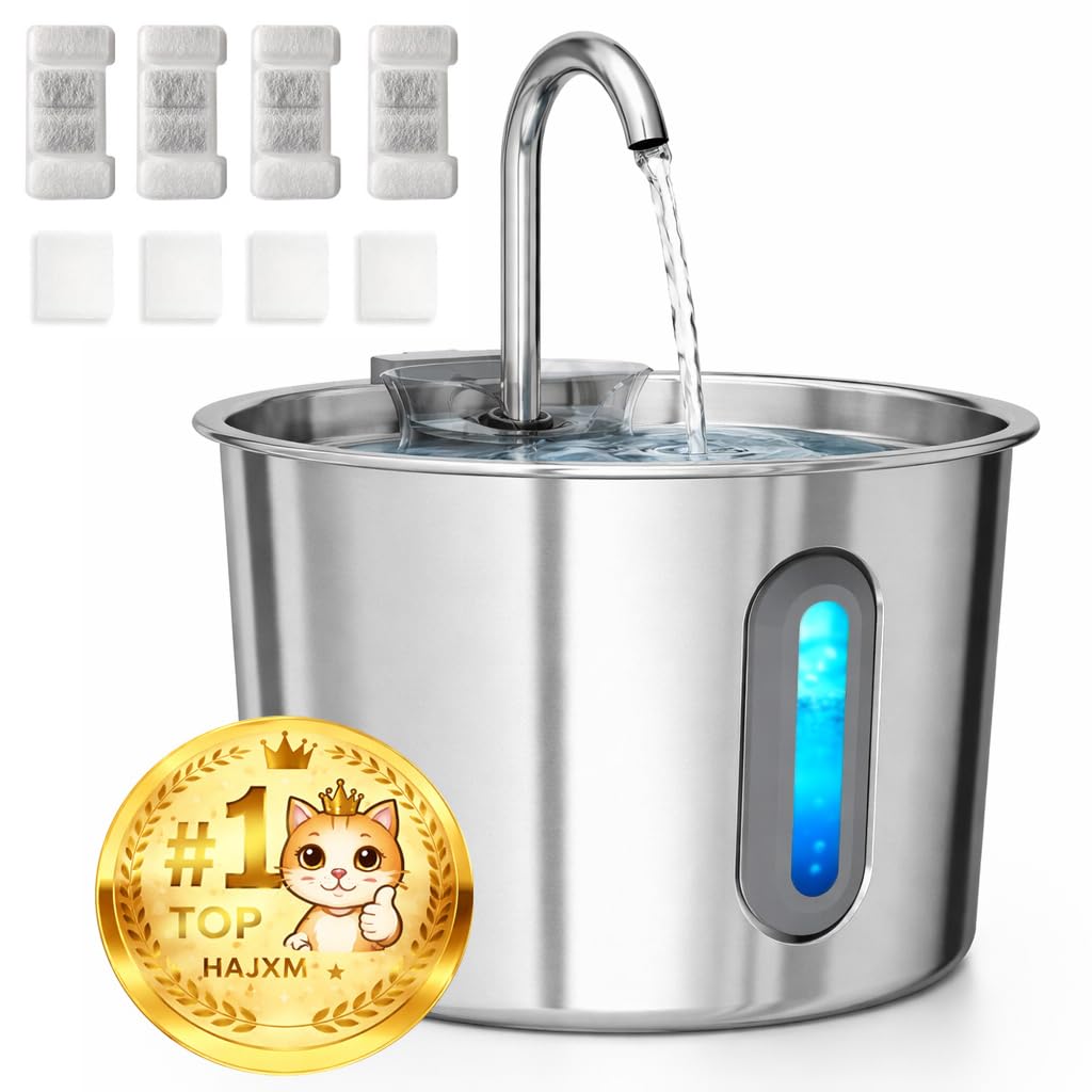 HAJXM Cat Water Fountain, 74oz/2.2L Cat Fountain for Drinking - Pet Water Fountain Stainless Steel for Cats Inside - Quiet Water Bowl Dispenser - Kitty Drinking Fountains - 4 Filters + 4 Sponges