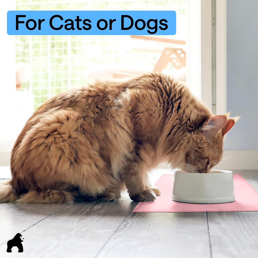 GORILLA GRIP 100% Waterproof Raised Edge BPA Free Silicone Pet Feeding Mat, Dog Cat Food Mats Contain Spills Protects Floors, Placemats for Cats and Dogs Water Bowl, Pets Accessories 18.5x11.5 Pink