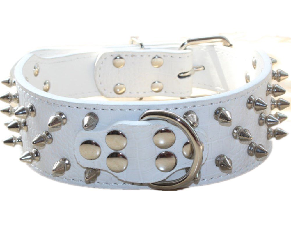 Serijoars Spiked Studded Dog Collar, PU Leather Dog Collar, Adjustable Pet Collars for Medium or Large Breed Pet (M, White1)
