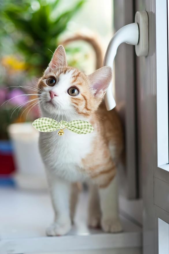 YUDOTE Bowtie Cat Collar with Bell, 2 Pack Cotton Breakaway Kitten Collars with Removeable Bow Stylish Cat Collars, Floral Green & Plaid