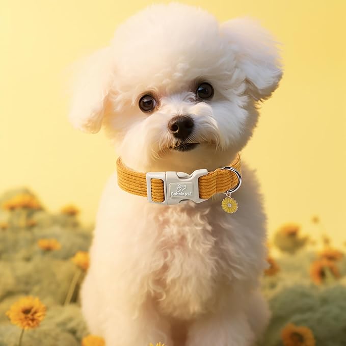 Babole Pet Cute Corduroy Dog Collar - Mustard Yellow Adjustable Dog Collars for Large Dogs 50-80lbs, Fade-Proof with Secure Snap & Little Charm, Christmas Birthday Gift, L
