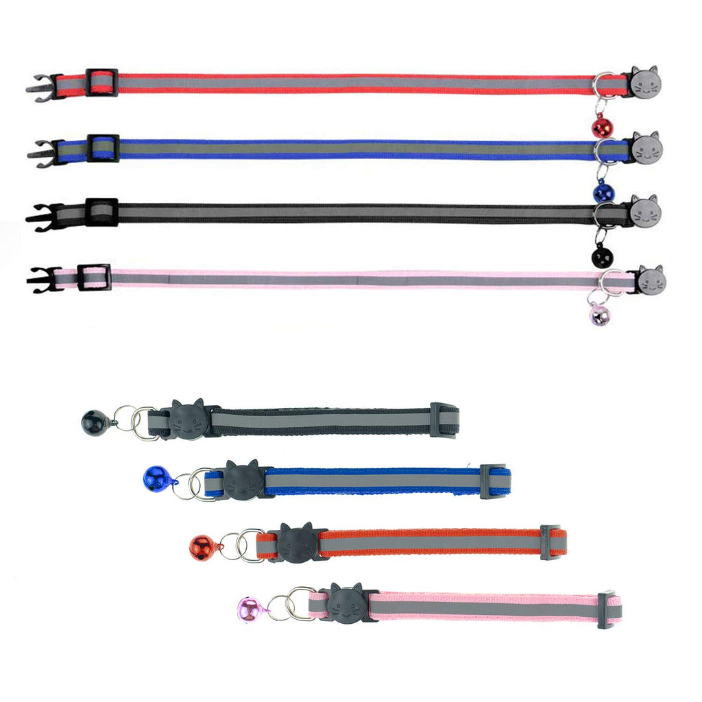 D-BUY 4 Pcs Cat Collars with Bell, Breakaway & Reflective, Nylon, 4 Colors, 7-12 Inch, Unisex, Small Breeds