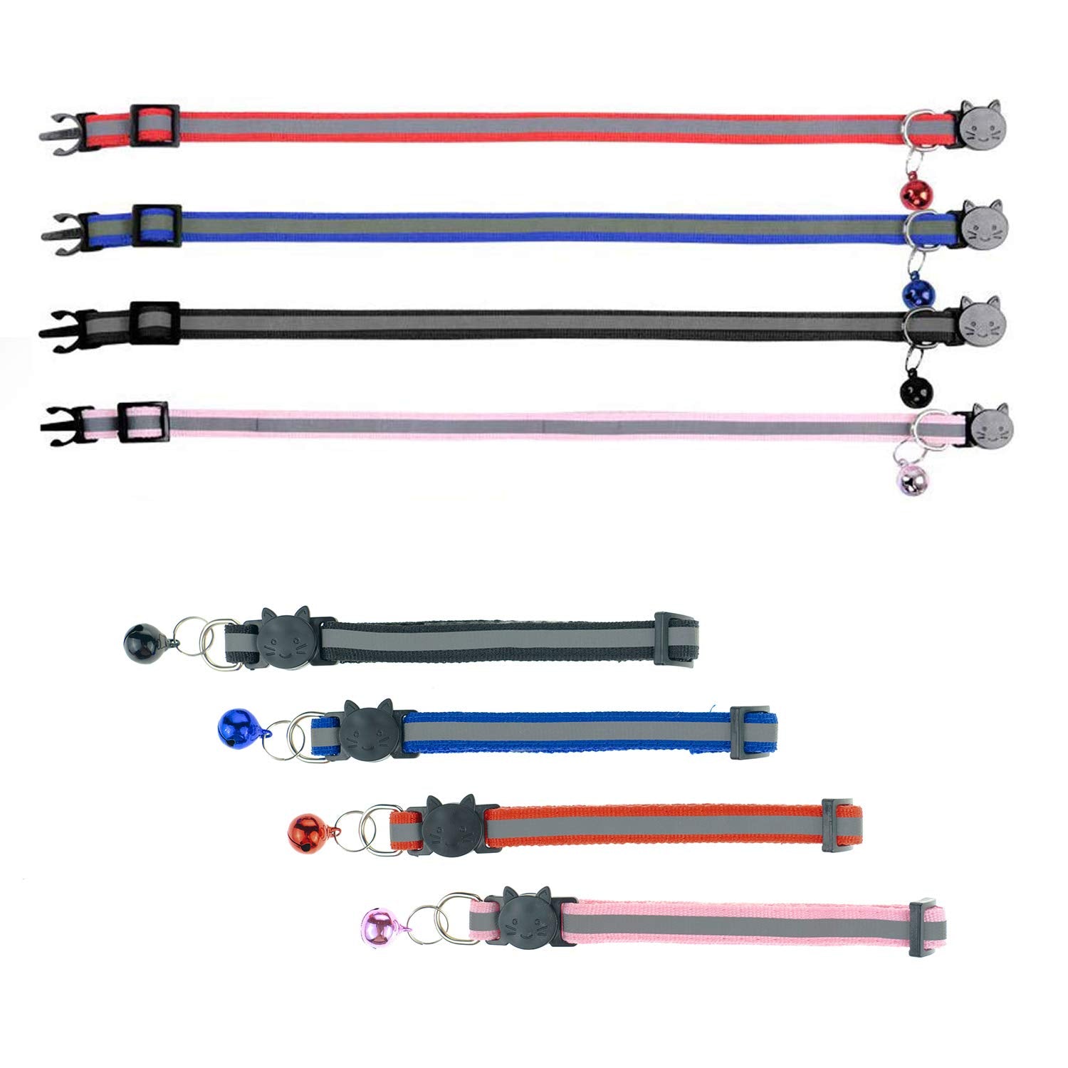 D-BUY 4 Pcs Cat Collars with Bell, Breakaway & Reflective, Nylon, 4 Colors, 7-12 Inch, Unisex, Small Breeds