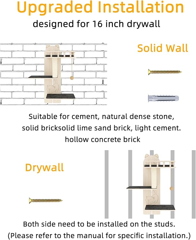 HHOFURN Cat Wall Shelves, 3 Platform Kitten Wall Furniture, DIY for Painting Cats Scratching Post with Sisal Scratching Post and Ball Toy