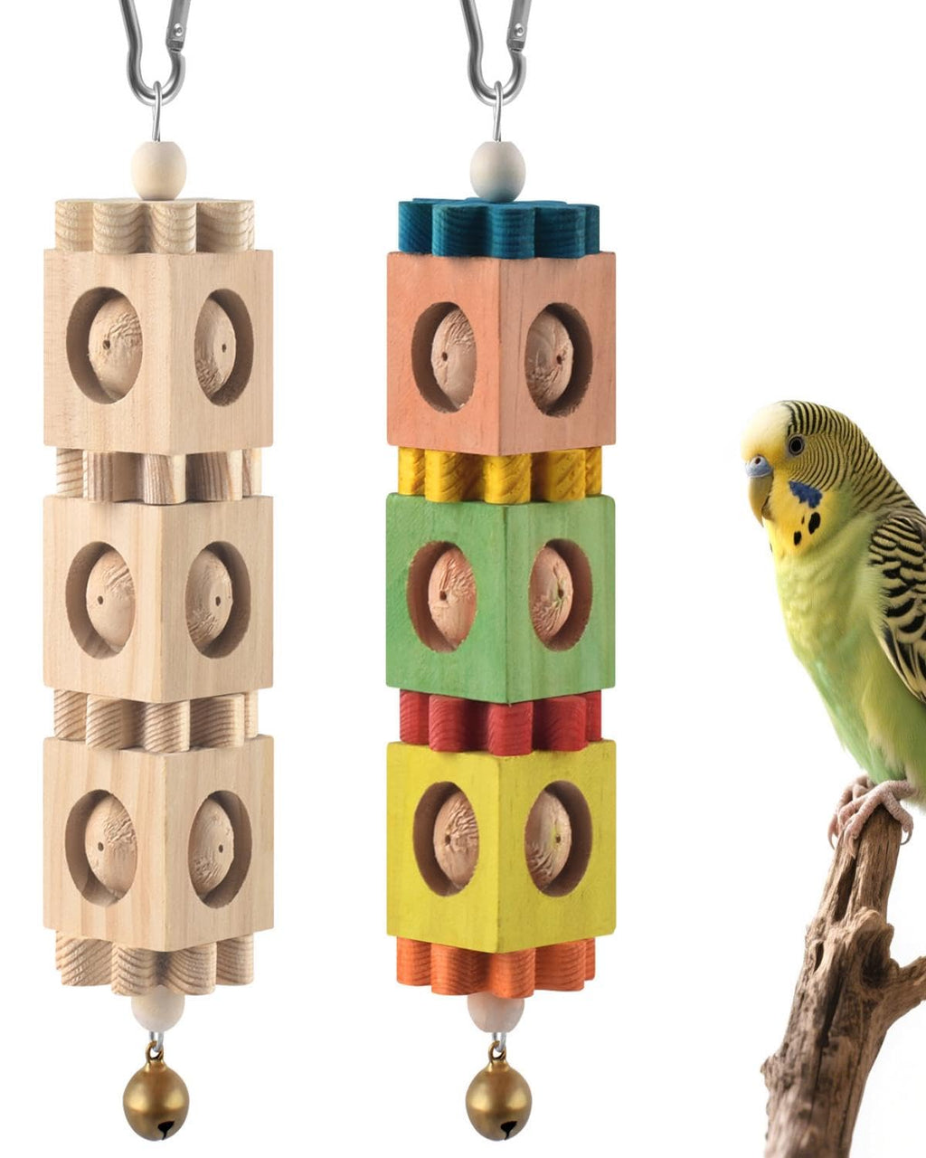 DBNESS 2 PCS Bird Chew Toys, Hanging Wood Parrot Toys with Bell, Beak Grinding & Foraging Bird Cage Toys for Small to Medium Parakeet Conure Cockatiel Caique Budgie