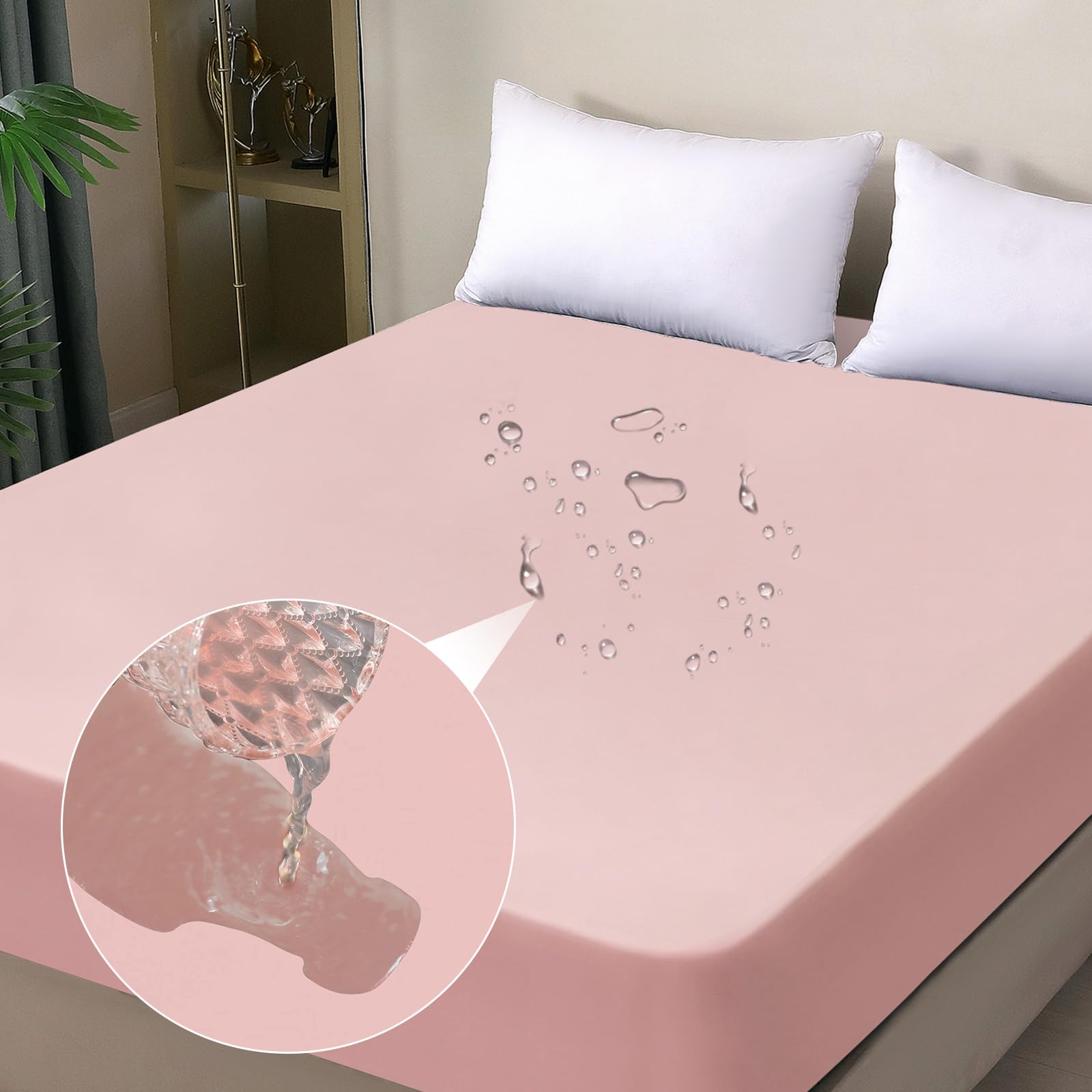 Waterproof Mattress Protector King, Fitted Sheet Style Breathable Mattress Cover with Deep Pocket Fits Up to 18'', Noiseless Bed Cover for Kids Adults Pets, Machine Washable (Pink, 76'' X 80'')