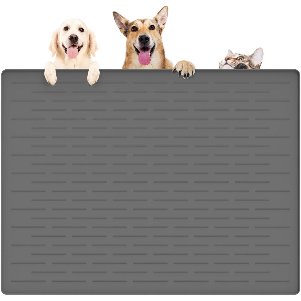 39.4"x29.5" Large Pet Food Mat, Silicone Dog Mats for Food and Water, Nonslip Pet Feeding Mats for Floors,Dog Cat Bowl Mat with Raised Edges, Dark Gray