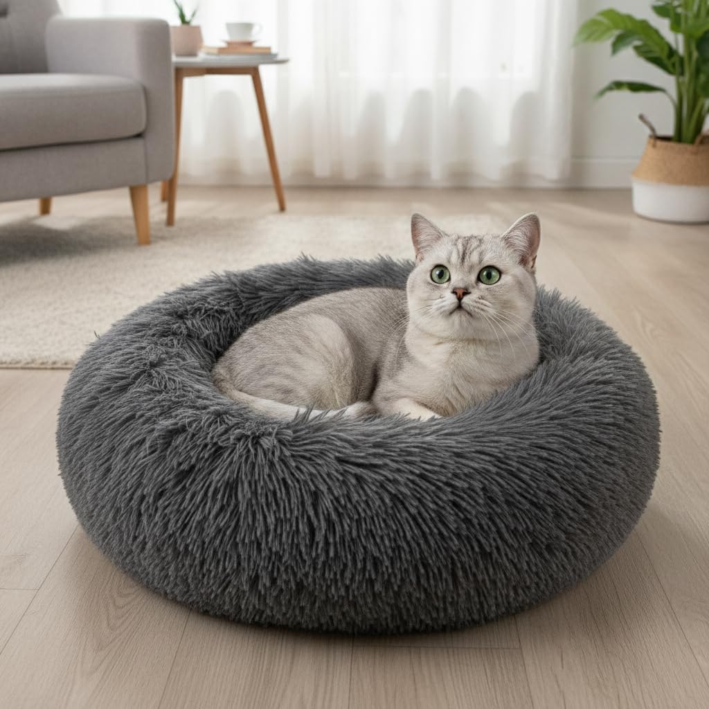 Donut Small Dog Bed, Calming Cat Beds for Indoor Cats, Deep Grey, 13x13x4in
