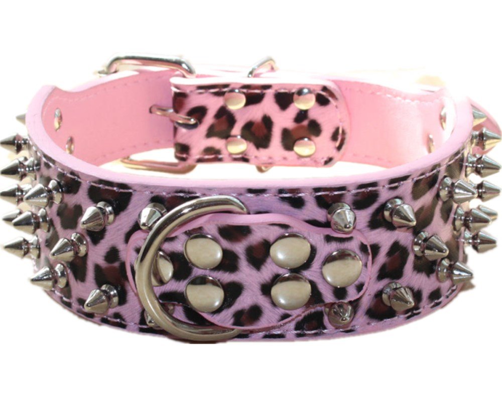 Serijoars Spiked Studded Dog Collar, PU Leather Dog Collar, Adjustable Pet Collars for Medium or Large Breed Pet (M, Pink)