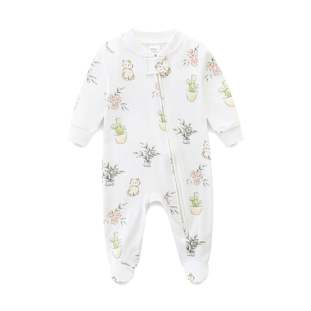 Baby Cotton Romper Boys Girls 2 Way Zip Up Long Sleeve Onesie Infant Outfits 3-6 Months Plant and Cat