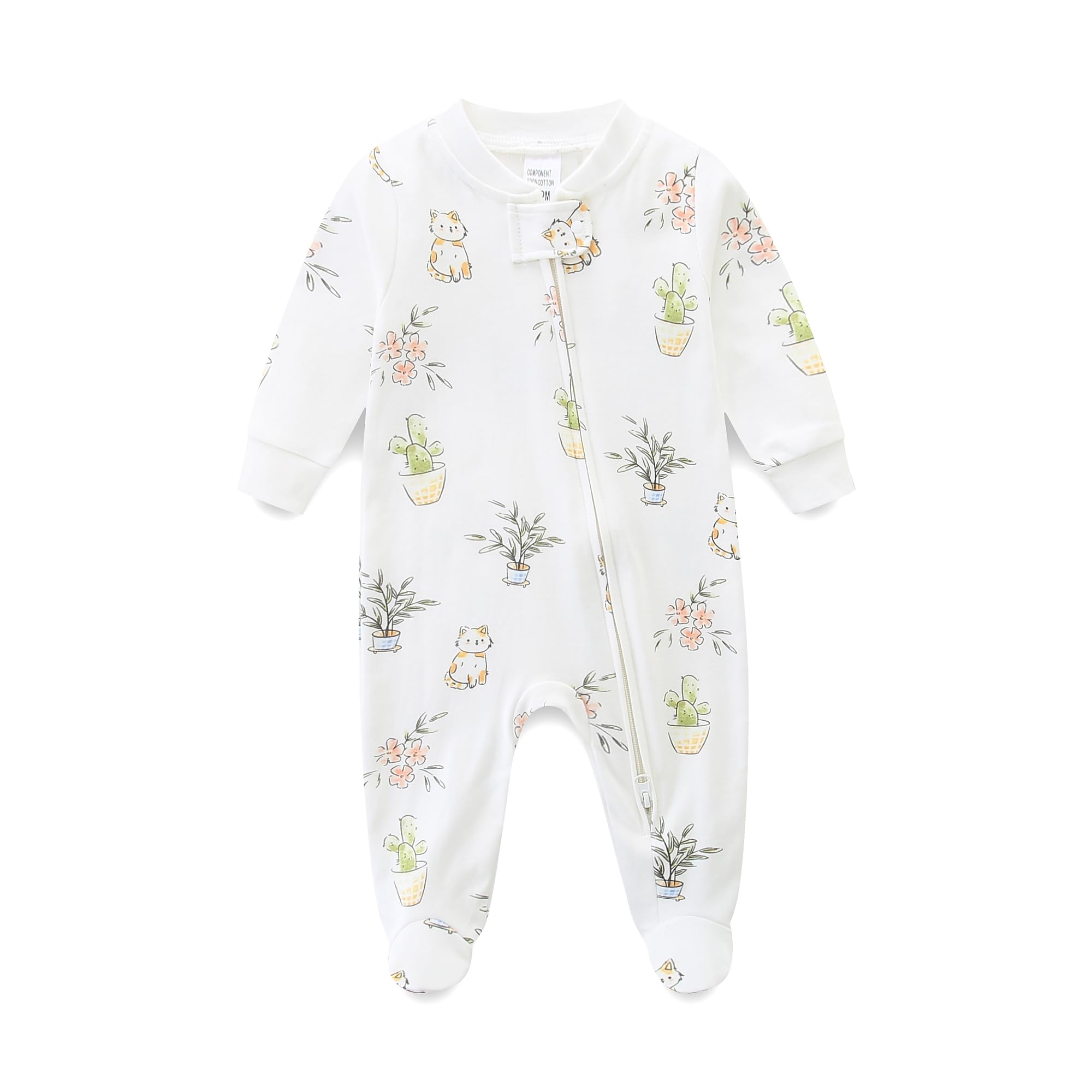 Baby Cotton Romper Boys Girls 2 Way Zip Up Long Sleeve Onesie Infant Outfits 3-6 Months Plant and Cat