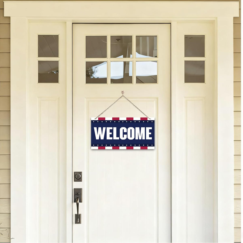 Welcome Sign for Front Door, Welcome Decor Wooden Hanging Sign, Patriotic American Theme Wall Hanging Decor, Funny Wooden Outdoor Front Door Decoration 13.8X6.9 inches
