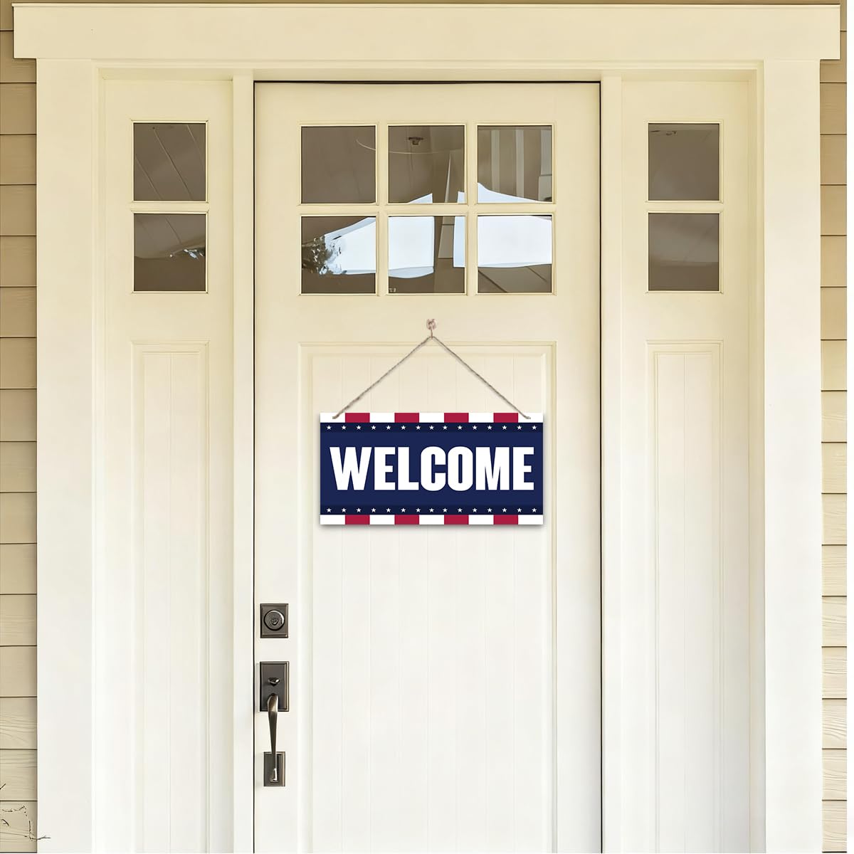 Welcome Sign for Front Door, Welcome Decor Wooden Hanging Sign, Patriotic American Theme Wall Hanging Decor, Funny Wooden Outdoor Front Door Decoration 13.8X6.9 inches