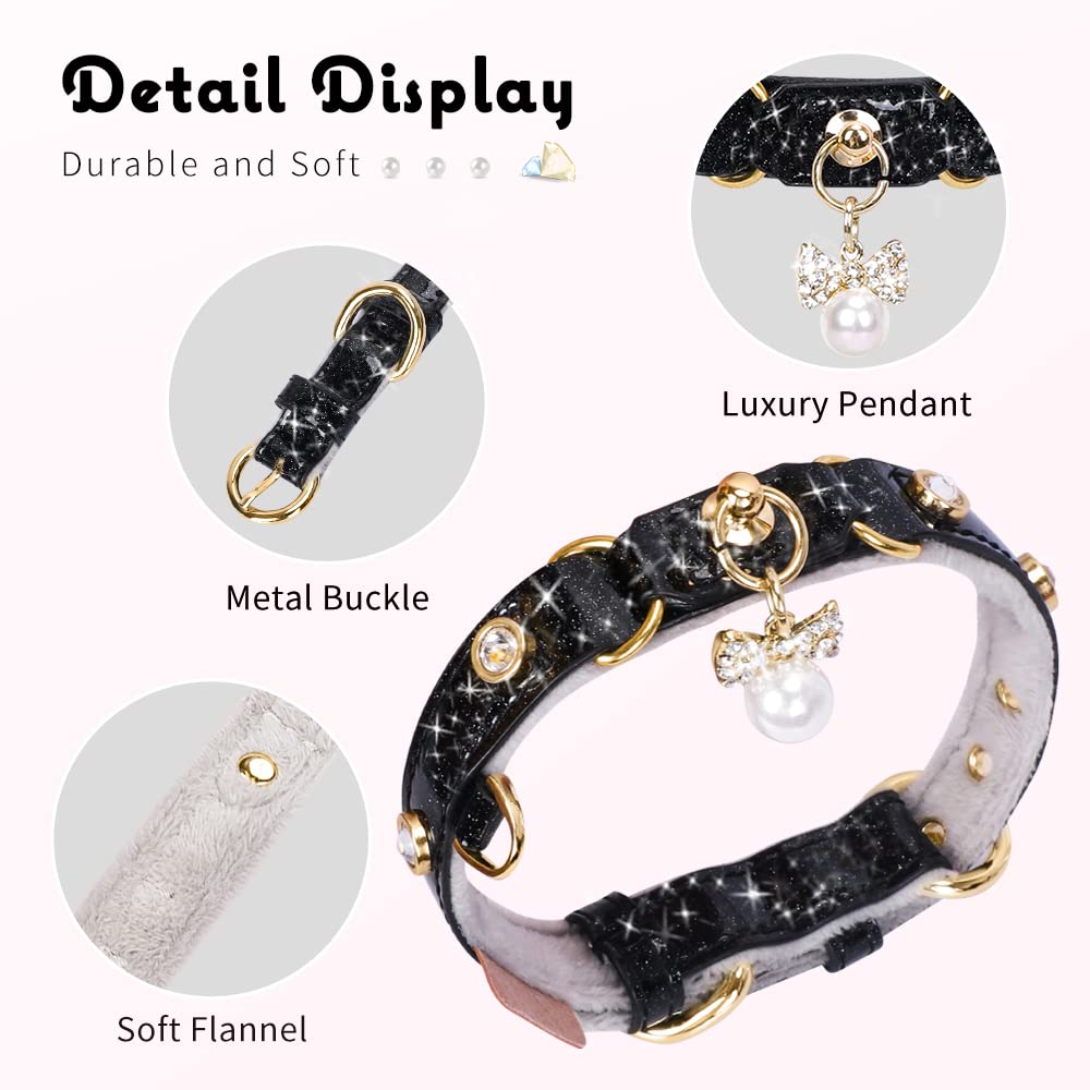 PetsHome Cat Collar, Dog Collar, [Bling Rhinestones] PU Leather Adjustable Pet Collar with Luxury Pendant for Big Cat and Small to Medium Dog Small Black