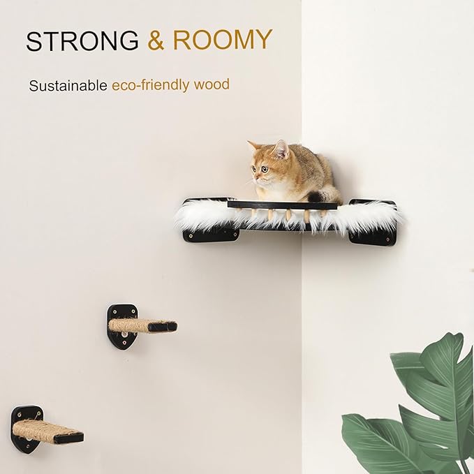 COOLEX Cat Wall Shelves - 3 Steps Scratch Post & Hammock Bed with Plush Cover, Climbing Shelf for Indoor Cats (Black)