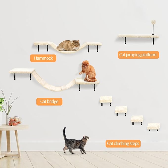 Wall-Mounted Cat Climber Set with Climbing Shelves, Perches, Bridge,Hammock,Scratching Board & Ball - 7 Pcs Wood Indoor Cat Furniture for Kittens Play (Dark Grey)