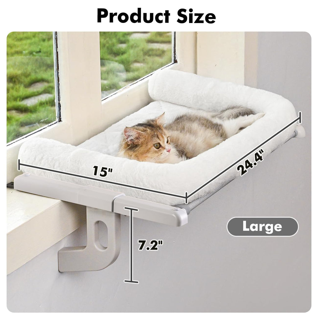 Zoratoo Cat Window Sill Perch with Large Bolster, Easy to Adjust & Assemble Cat Window Seat for Windowsill & Bedside, Pet Hammock Bed for Large Cats and Kittens (White, L)