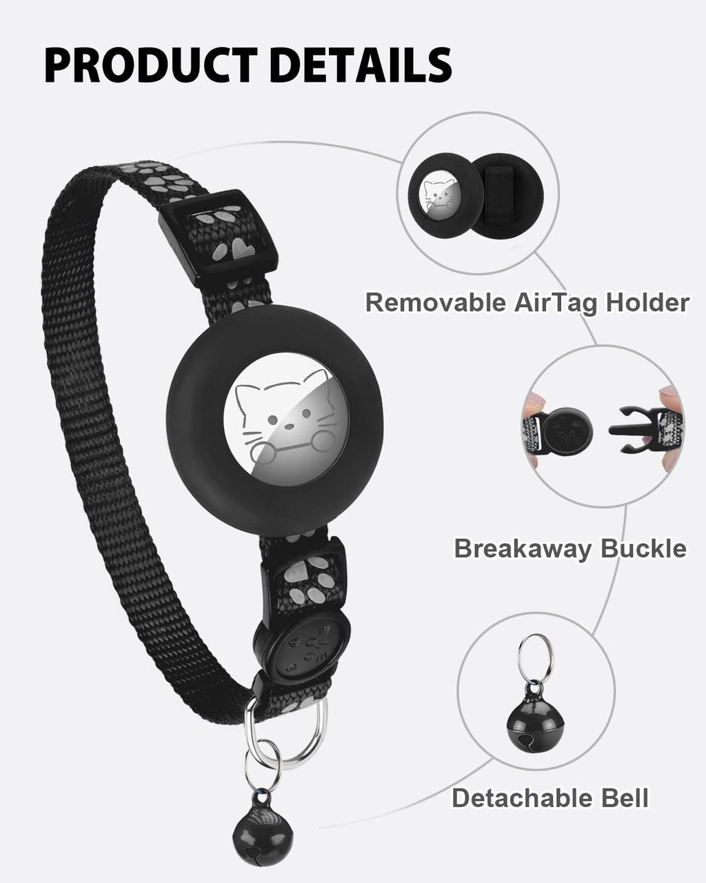 Joytale 2 Pack Reflective Airtag Cat Collars with Breakaway Buckle, Black