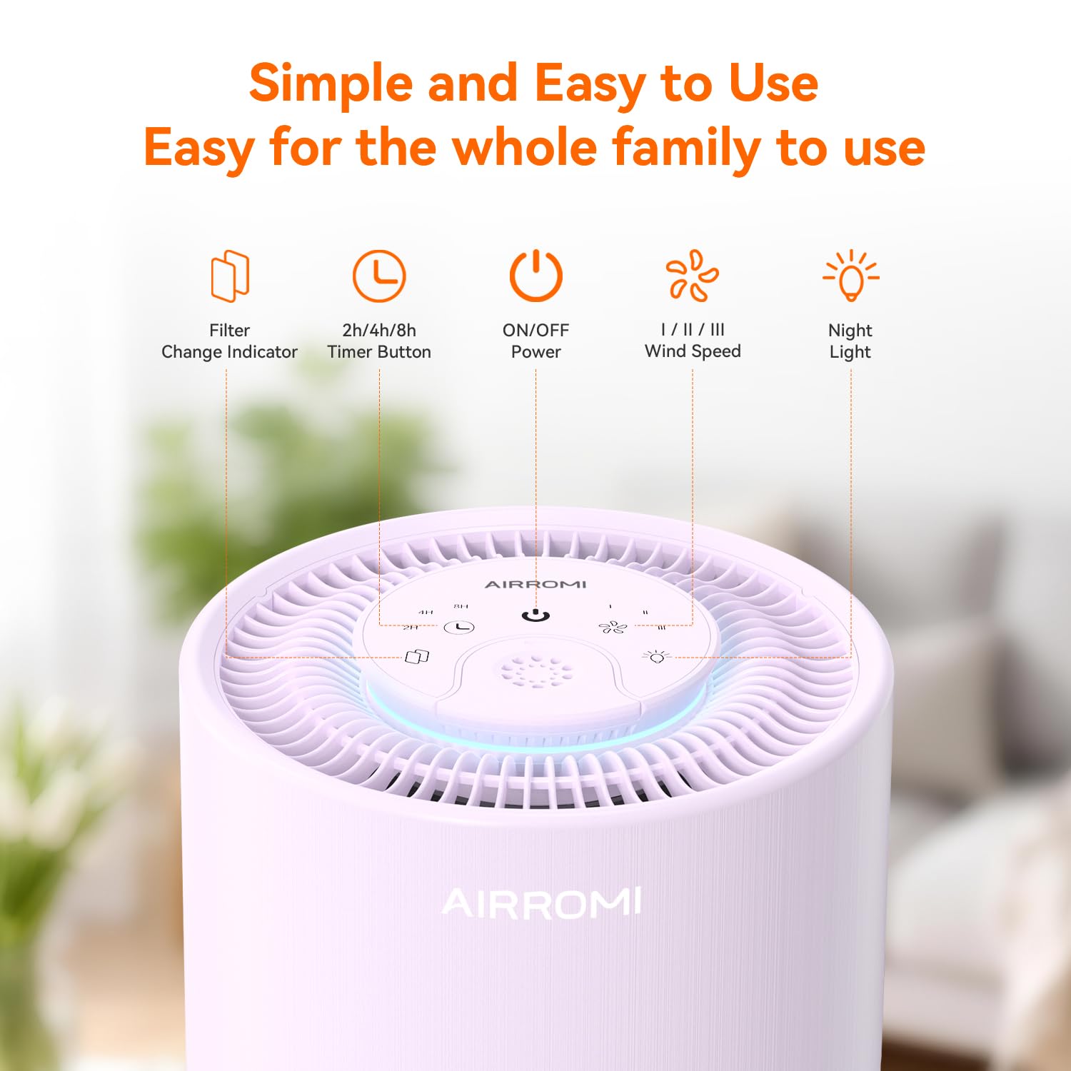 AIRROMI Air Purifier for Bedroom with HEPA 3-in-1 Filter, Pet Air Purifier for Home Cat Pee Smell, Covers Upto 990 Ft², Quiet 360°intake Air Cleaner for Pet Hair,Allergies,Pollen,Smoke A2001 Purple