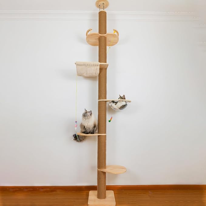Floor to Ceiling Cat Tree Height (50-120.5in) Adjustable Cat Tower 5 Tier Hemp Scratching Post High Cat Tree Sturdy Activity Tree Indoor Outdoor Cat Scratching Post Activity Center
