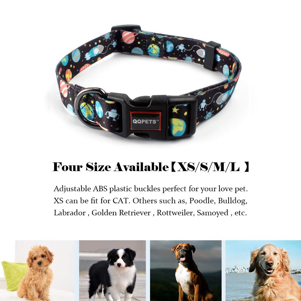 QQPETS Adjustable Soft Dog Collar: Print Flower Pink Multicolor Cute Patterns for XS Small Medium Large Pet Girl Boy Puppy Walking Running Training (L, Space)