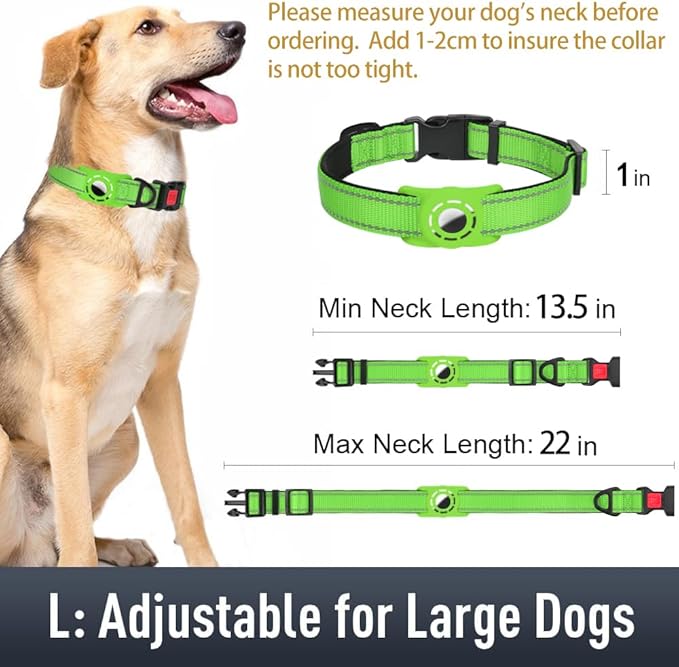 Erbine AirTag Dog Collar with AirTag Holder Compatible for Air Tag, Reflective Soft Padded, Safety Locking Buckle, Adjustable Nylon for Small Medium Large Dogs (Green,L)