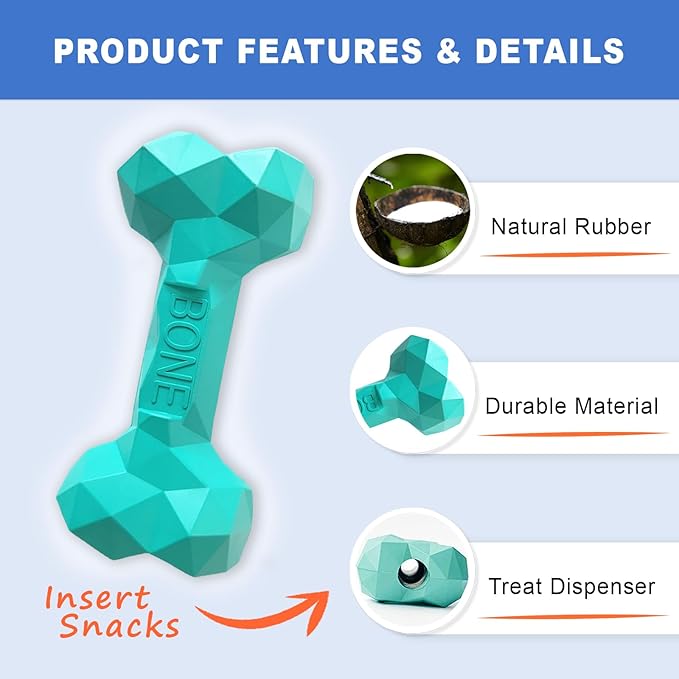 NOOVIA Durable Dog Chew Toy Rubber Bone 100% Natural Bite-Resistant Interactive Pet Toys for Dogs, Diamond Texture Modern Geometric Design (Lake Green, Medium)