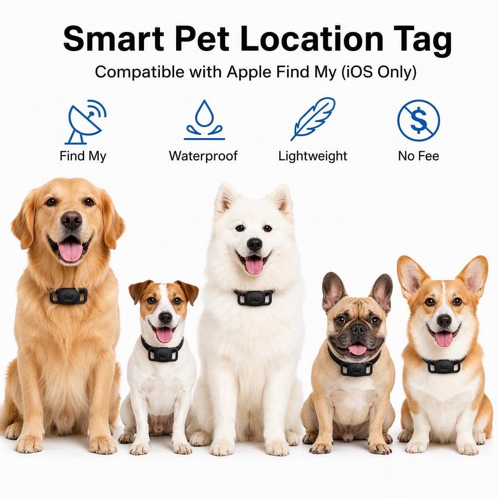 Smart Pet Location Tag with Holder – No Subscription, Compatible with Apple Find My (iOS Only), Lightweight Silicone Case, Clip-On Anti-Loss Accessory for Dog & Cat Collars, Bags (Black&White)