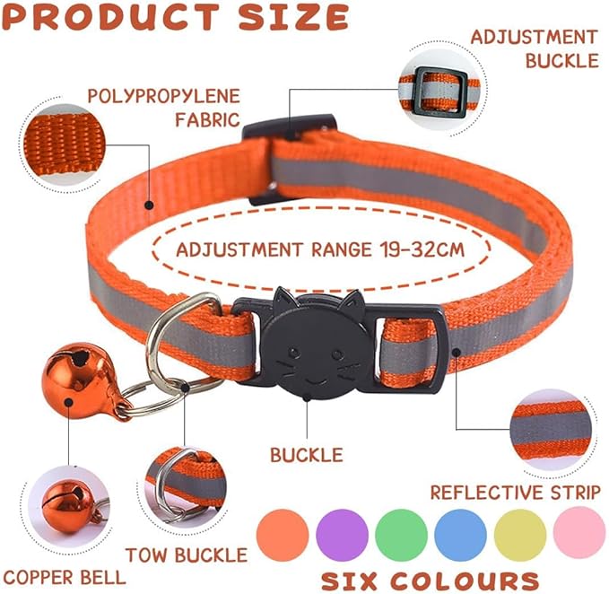 DreamAug 6-Pack Reflective Cat Collars with Bell – Breakaway Safety Nylon Kitten Collars, Adjustable Pet Collars with Charming Bells, Mixed Colors in one Package.