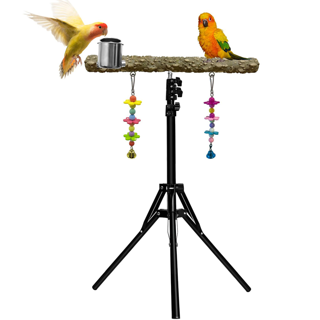 Arfubye 16-63 Inch Height Adjustable Bird Perch Pepper Wood Parrot Training Perch Stand with Feeding Cups and Swing Toy Parakeet Perches Indoor and Outdoor Parrot Stands for Small to Medium Bird