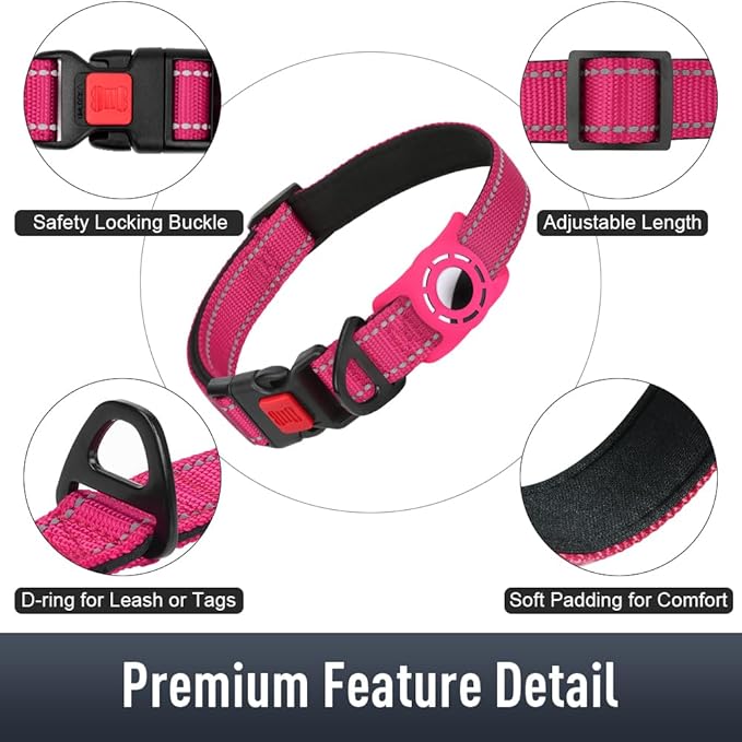 Erbine AirTag Dog Collar with AirTag Holder Compatible for Air Tag, Reflective Soft Padded, Safety Locking Buckle, Adjustable Nylon for Small Medium Large Dogs (Hotpink,XS)